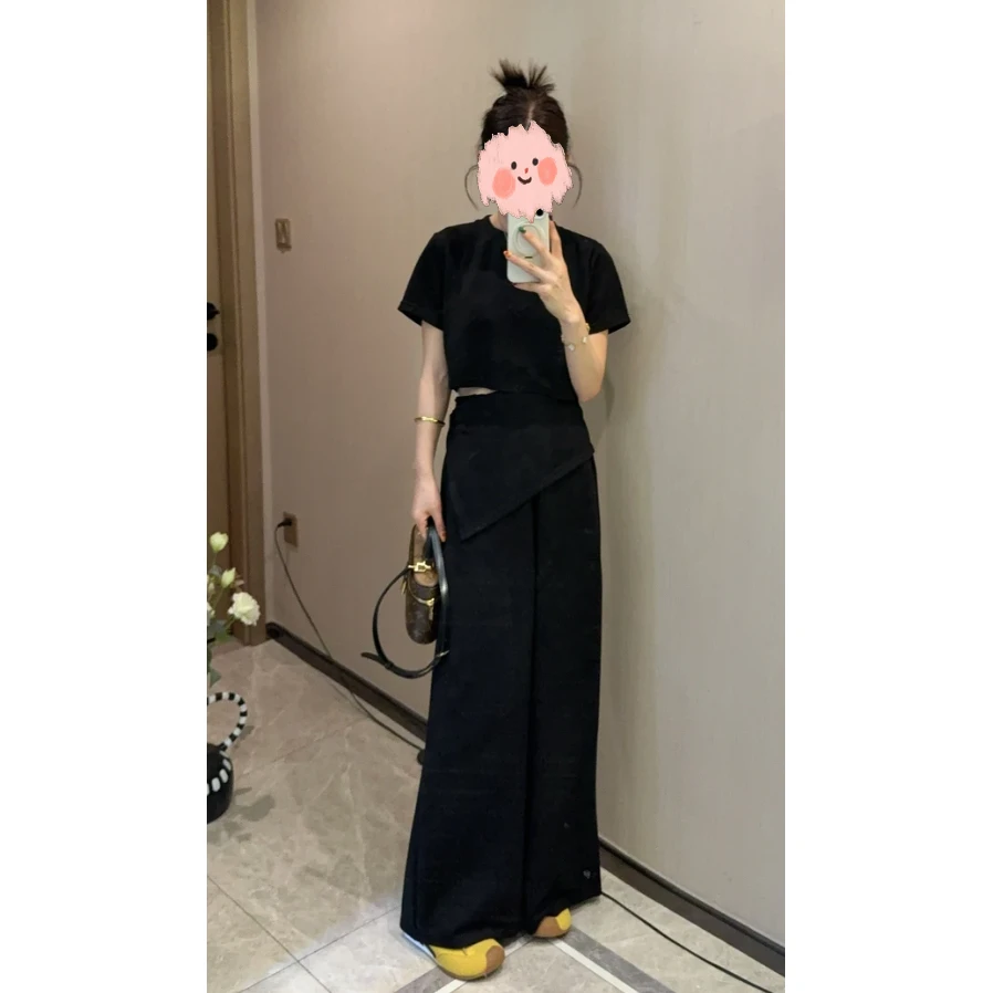 韩系通勤百搭套装女2025夏季短款短袖圆领上衣高腰阔腿休闲长裤子