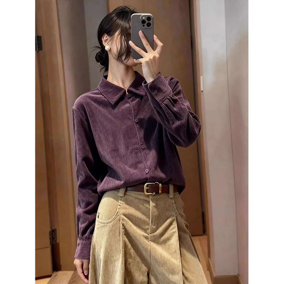 时尚新款2025冬装复古风灯芯绒衬衫长袖翻领纽扣高端精致紫色上衣