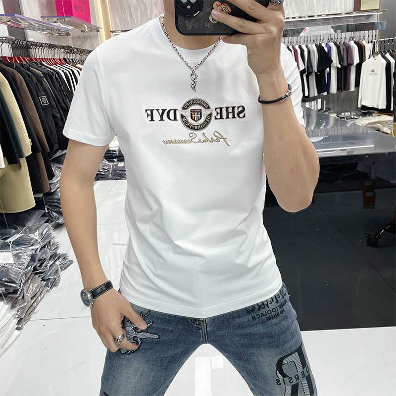 轻奢时尚短袖男夏季圆领欧洲站刺绣字母烫钻男士修身潮流半袖体恤