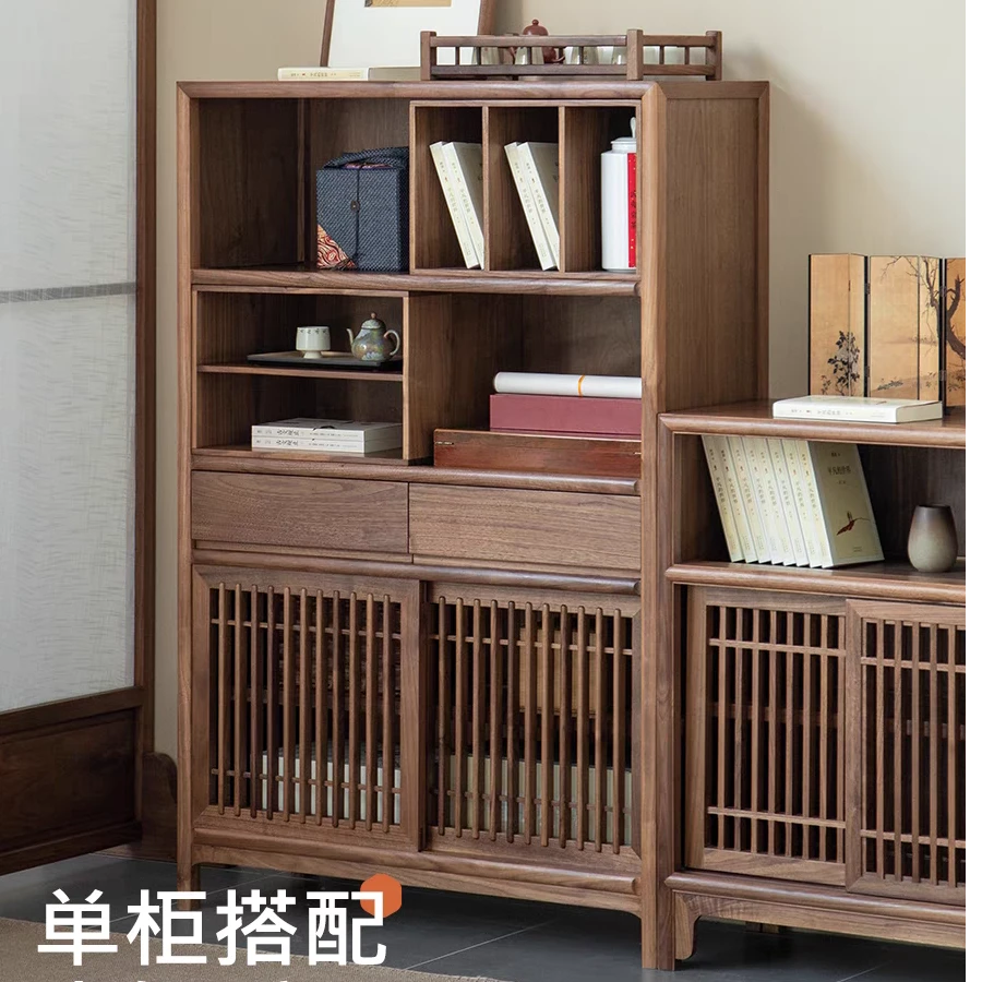 新中式矮柜博古架置物架书架办公室茶架客厅茶室实木边柜茶叶柜