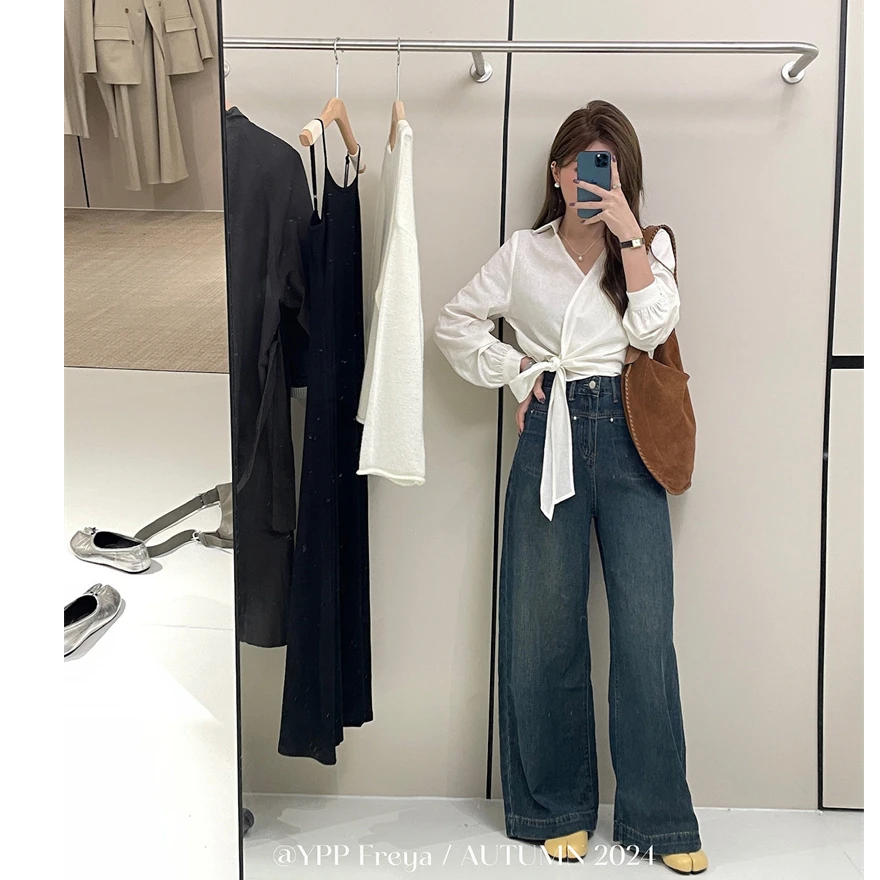 YPP！【御姐亲征】 韩国东大门气质翻领绑带短款设计感衬衫