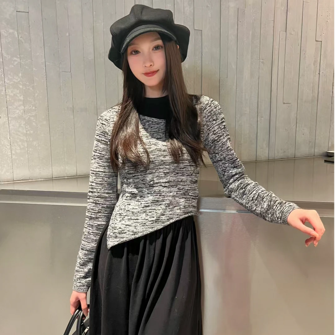 Abun长袖修身印花冬季千金风圆领复古拼接衬衫连衣裙套装两件套