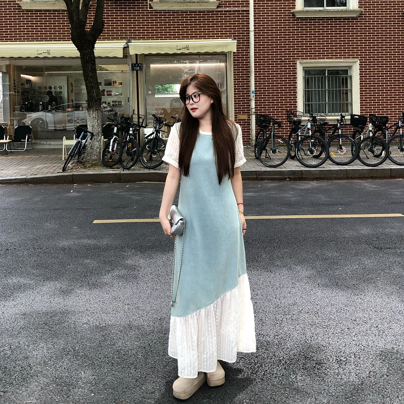 盈盈&南岛风大码撞色牛仔拼接连衣裙女夏季宽松显瘦长裙ZYY1741