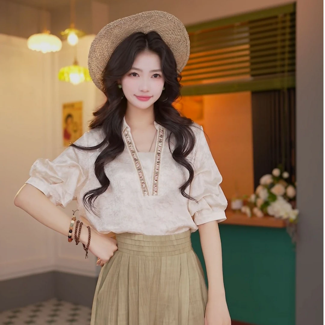 丁佳欣【杏仁】压褶晕染短袖衬衫女宽松休闲上衣CK0725397
