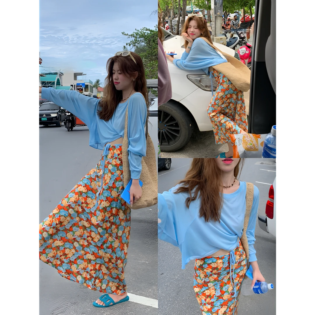 时尚复古松紧腰油画质感半身裙夏季新款法式小众高腰显瘦印花长裙