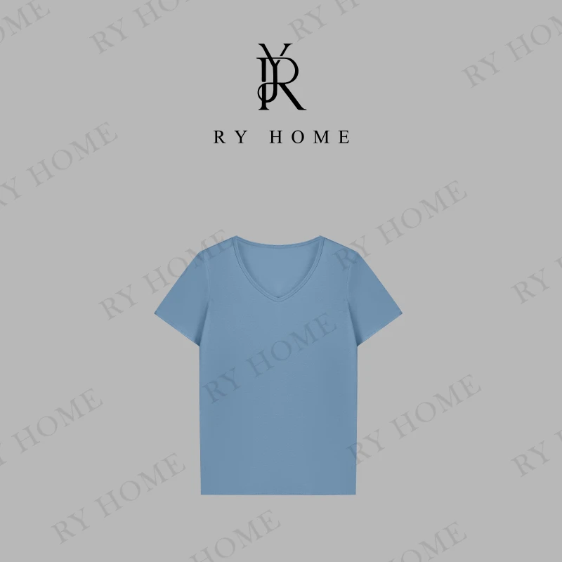 【容雨RYHOME】桑蚕丝亚麻混纺简约基础款V领短袖T恤252T1946