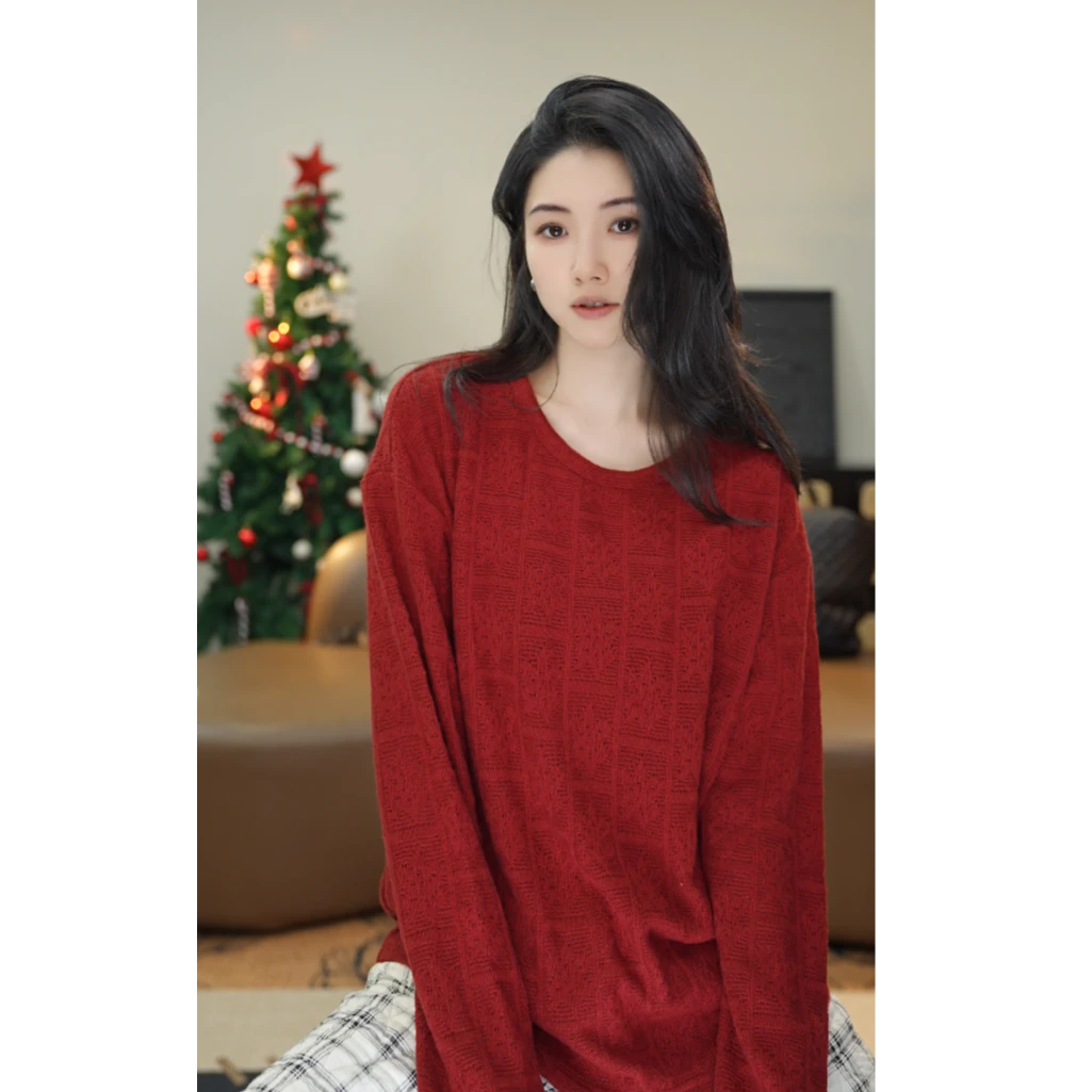 小乖逃双色！红色白色T恤圆领正肩打底雪花形秋冬百新年红M9751