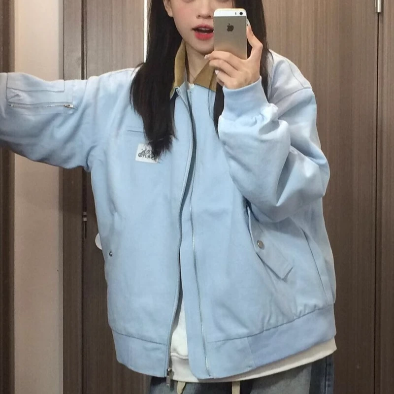 撞色翻领外套女春秋款2025新款美式潮牌百搭休闲情侣飞行夹克上衣