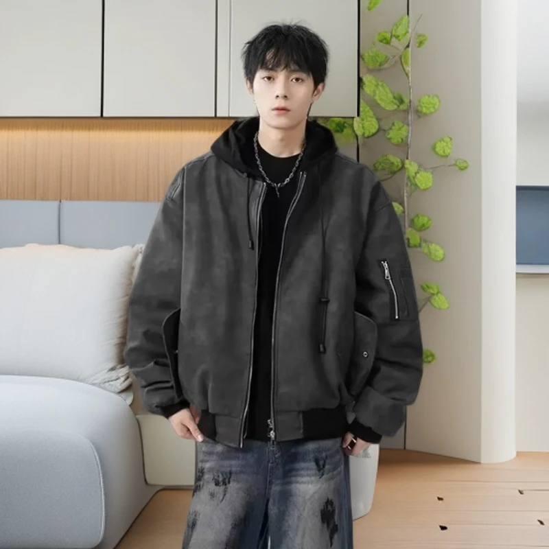 新款多巴胺秋季男士大码皮夹克外套美式高街复古时尚棒球服外套男