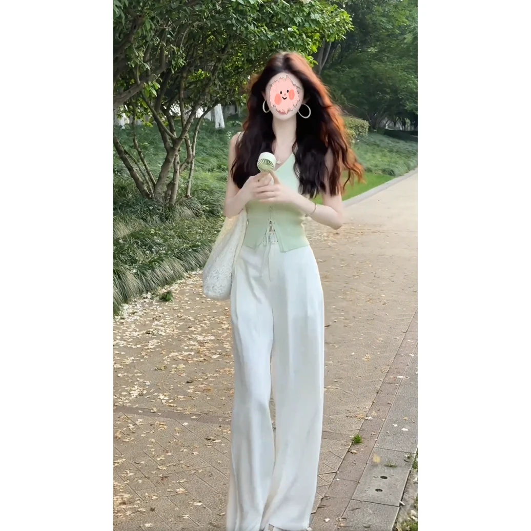 夏季一整套穿搭女装2025新款浅绿色吊带绑带上衣休闲裤两件套装