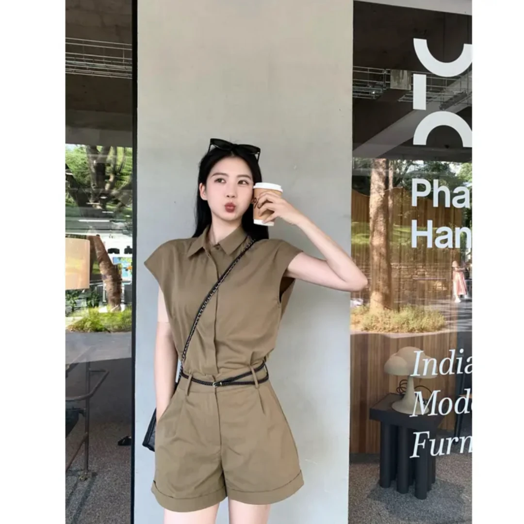 松弛时光! 老钱风简约坎肩衬衫+直筒短裤套装2559