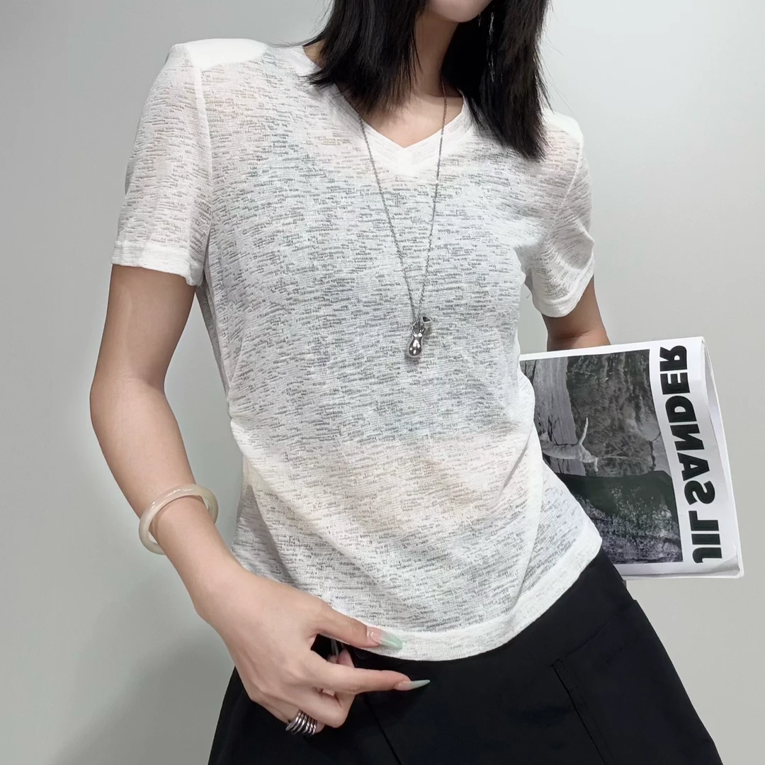 159#2025夏新款v领短袖t恤女设计感正肩休闲大领口上衣修身打底