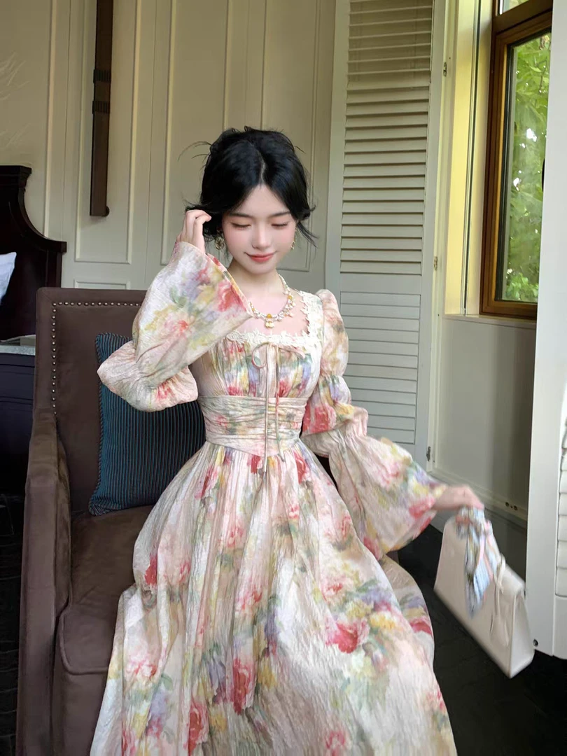 【蔷薇画廊】300斤特大码胖MM田园油画印花法式长款花边方领连衣裙