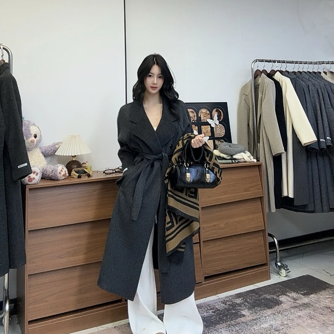 2025秋冬韩版高端双面羊毛大衣长款系带浴袍毛呢外套2502四色