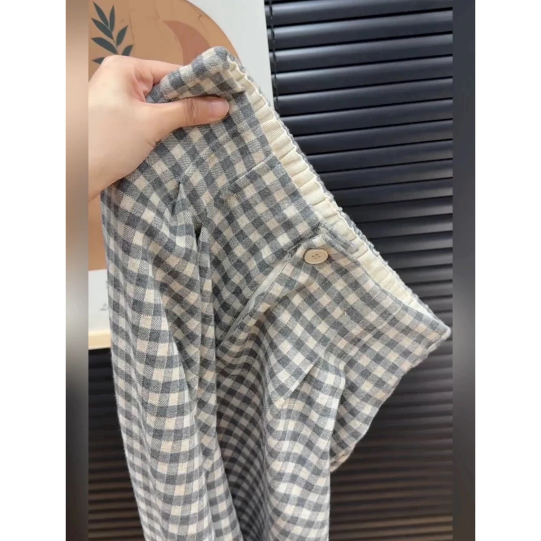 杏灰格子裤」格纹直筒阔腿裤女25新款通勤透气高腰显瘦宽松休闲裤