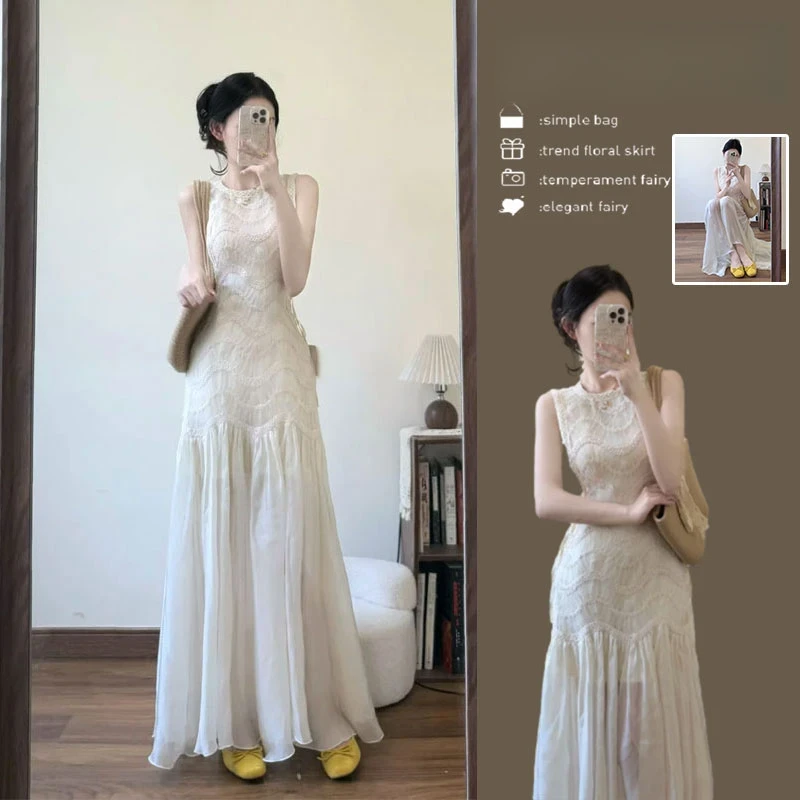2025夏季法式超好看独特漂亮无袖背心连衣裙今年流行的爆款蕾丝裙