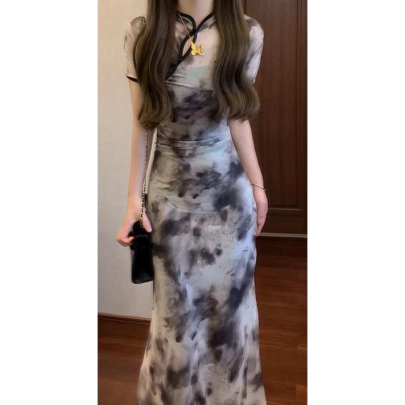 新中式国风复古清冷感渐变油画晕染弹力网纱改良版旗袍连衣裙9175