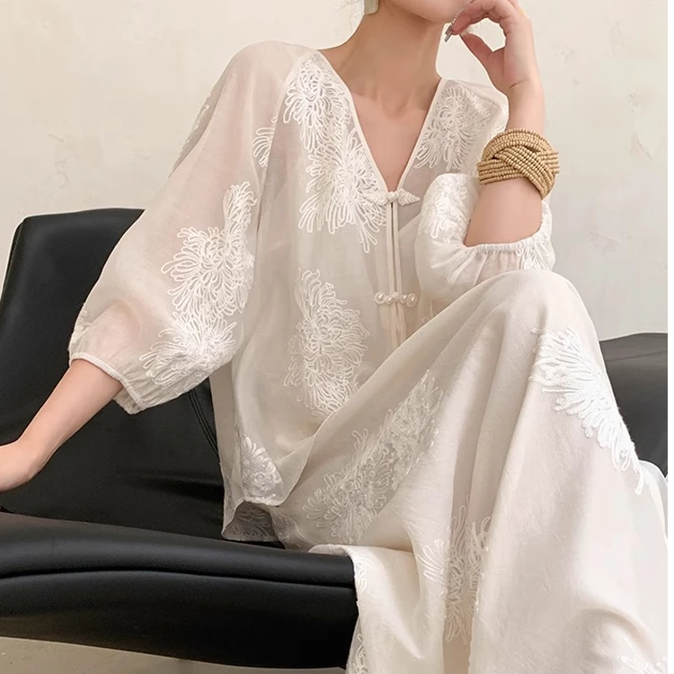 2025新中式两件套女夏季国风上衣印花半身裙7429