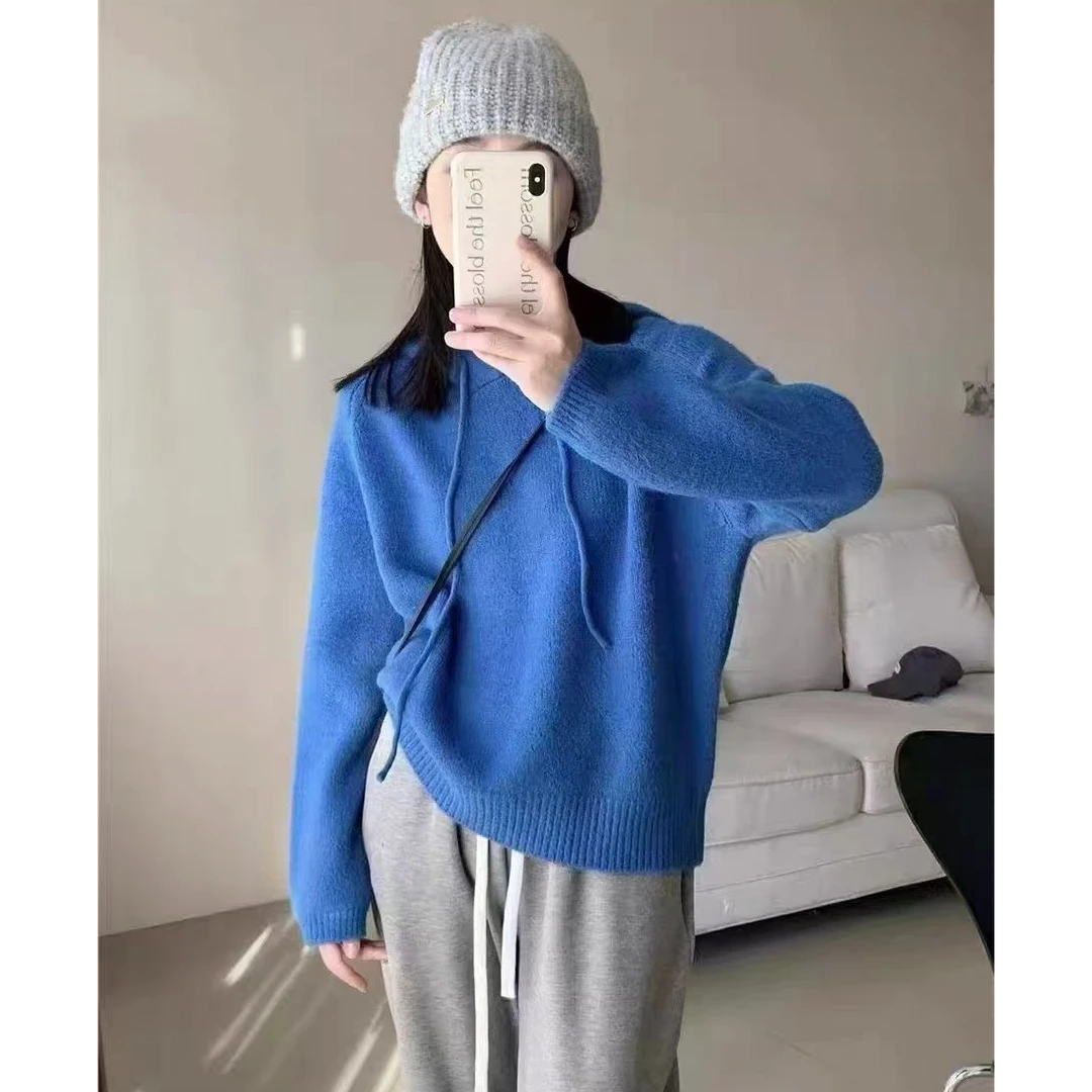 马卡龙色连帽加厚卫衣针织衫女冬季宽松高级感慵懒风毛衣外套上衣