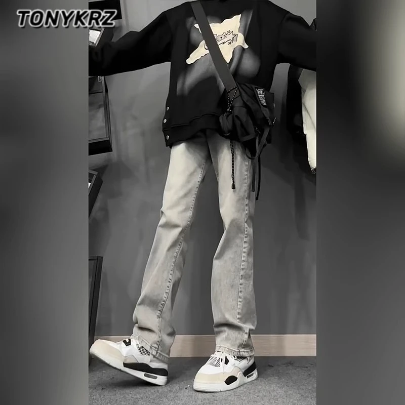 TONYKRZ美式cleanfit烟灰色牛仔裤男直筒微喇裤子复古vibe休闲裤