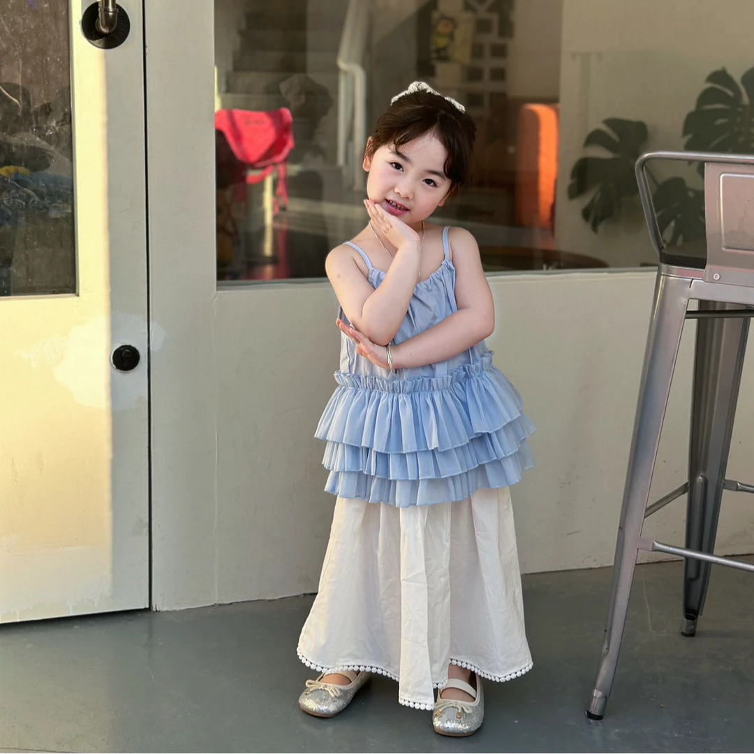 壹妈韩版童装女童夏套装韩系2025新款女宝蓝色无袖吊带上衣半身裙