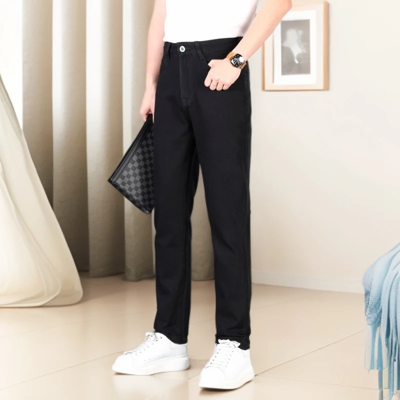 意大利丹宁水洗面料四季男士宽松型高腰直筒高弹防掉色黑牛仔裤