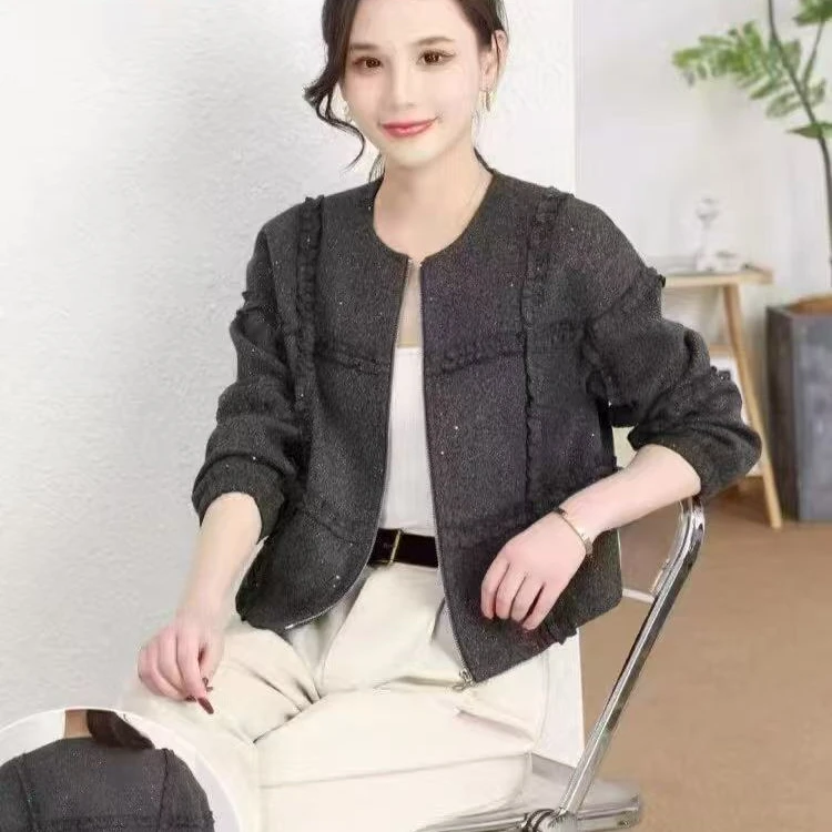 常规圆领短外套立体装饰拉链短款秋季韩版秋冬小香风春季宽松
