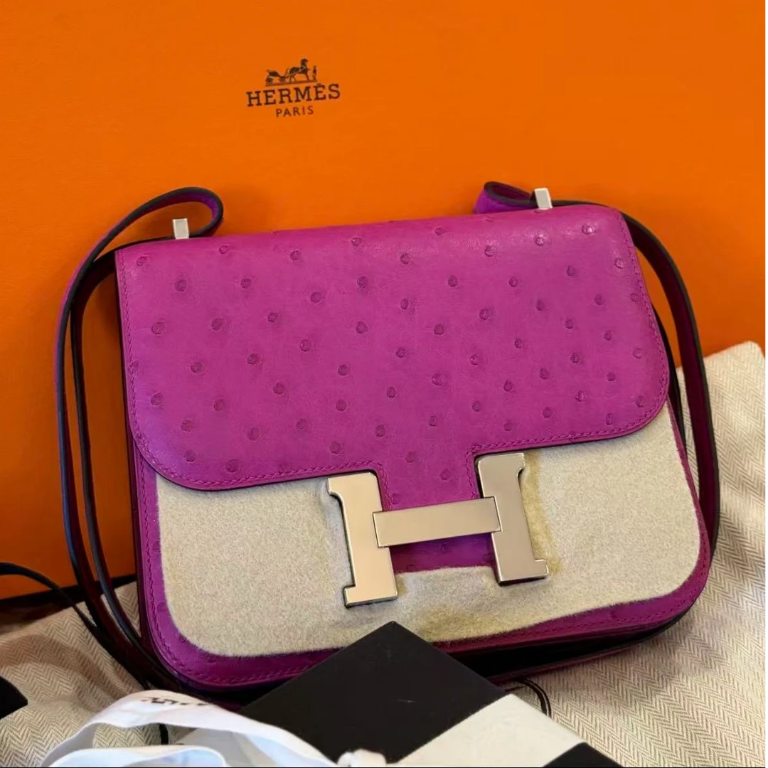 99新 Hermes/爱马仕 【小池专属】康康19玫瑰紫银扣 鸵鸟皮C刻