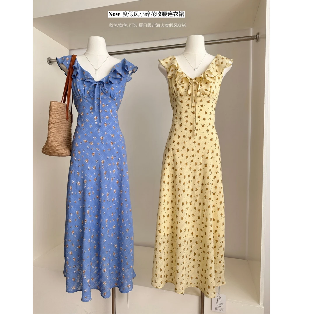 春夏新款2025韩系复古氛围茶歇碎花蝴蝶结度假连衣裙女