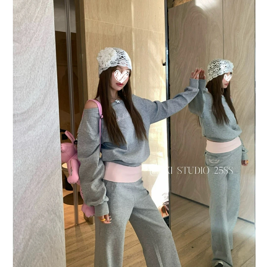芭蕾少女风休闲套装女2025春秋新款假两件撞色挂脖露肩卫衣阔腿裤
