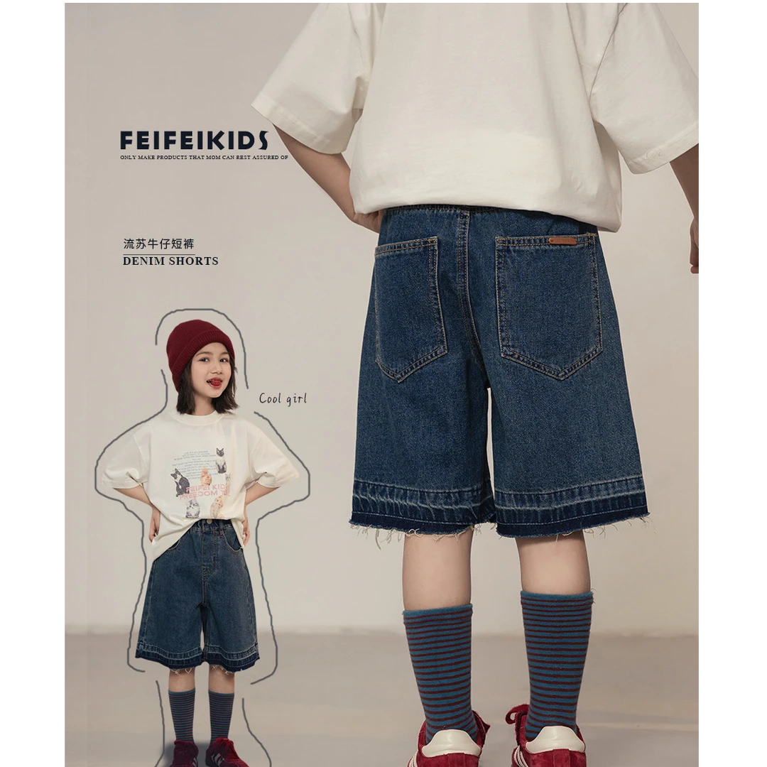 女童2025夏季新款宽松洋气拼接过膝中裤百搭牛仔短裤C52G6006