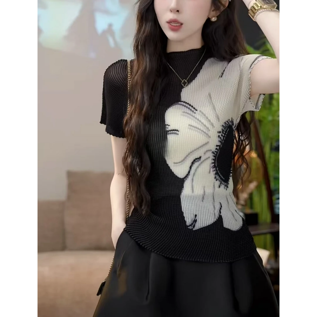 【清货】微胖大码遮肉显瘦气质黑色褶皱修身显瘦T恤百搭设计感上衣