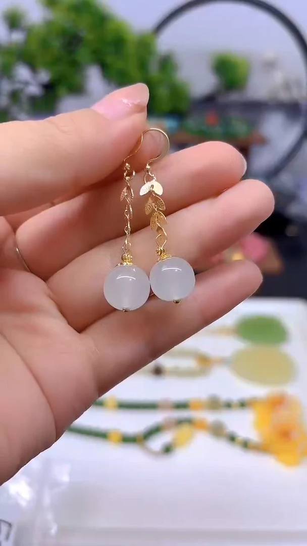 和田玉（白玉）14K金镶嵌耳饰E207