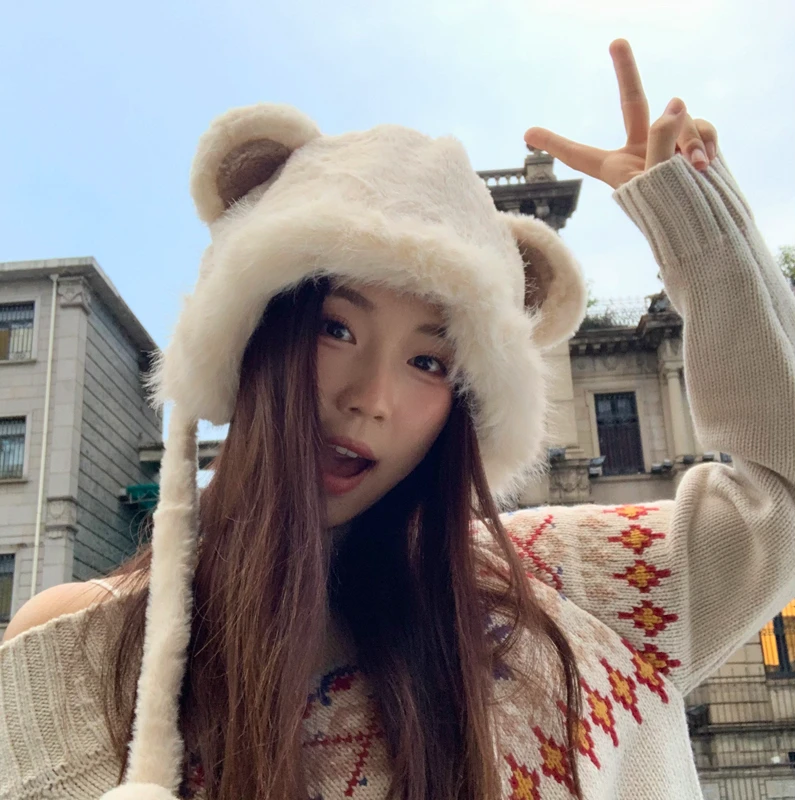 元气满满 可爱小熊耳朵毛绒帽子女冬季加绒加厚保暖护耳帽毛茸茸