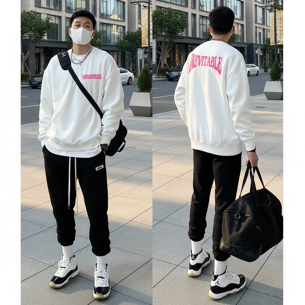 美式创意设计感印花圆领套头卫衣男冬季潮牌百搭宽松重磅长袖上衣