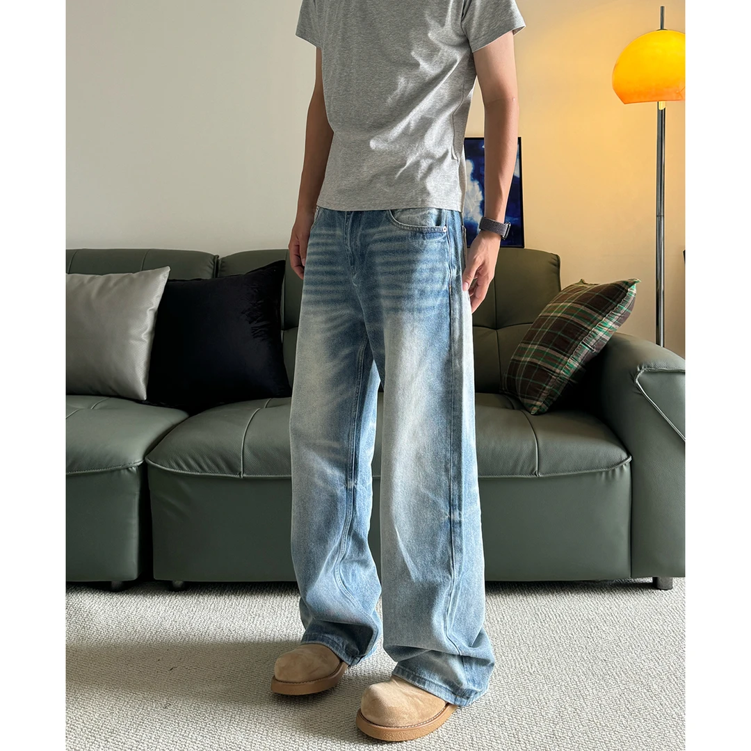 Sellscream美式高街cleanfit复古猫须洗水直筒宽松质感冰蓝牛仔裤