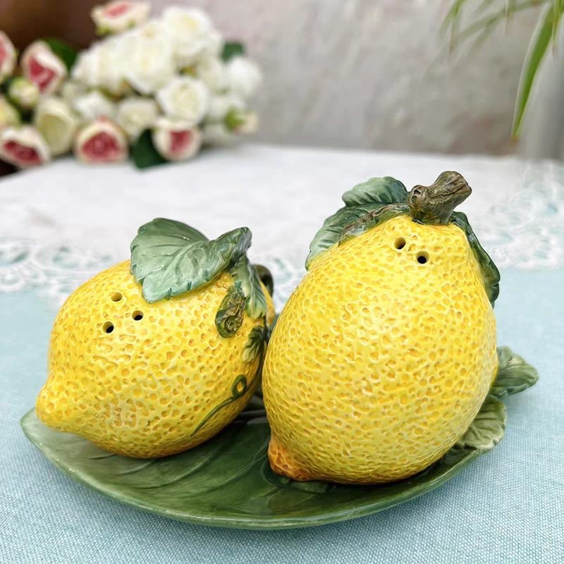 出口精品陶瓷柠檬调味瓶三件套客厅玄关装饰品摆设创意水果风家居