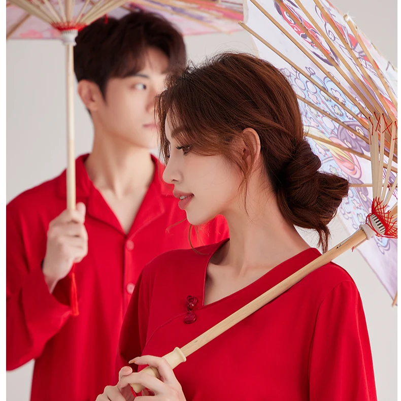 露迪尚品情侣家居服套装棉红色本命年结婚睡衣男女国风C23717-18