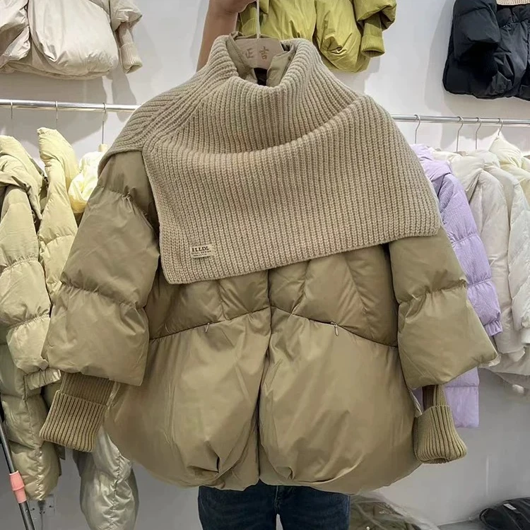 5009披肩围脖针织袖拼接短款羽绒服鹅绒服