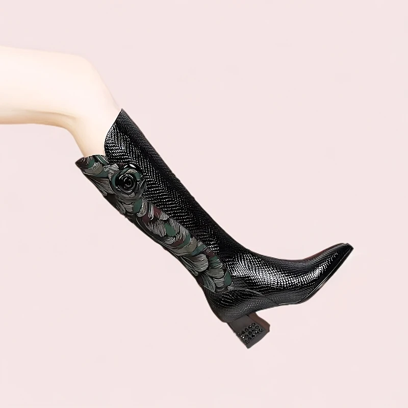 时装靴高筒真皮粗跟靴女鞋秋冬尖头时尚百搭女靴过膝骑士靴HY230