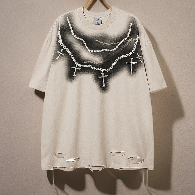 国潮风纯棉设计感情侣休闲宽松男女T恤潮流水洗喷绘轻奢痞帅男装