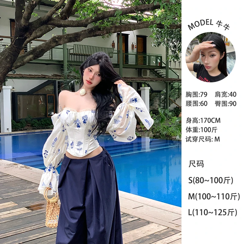 牛牛【青花瓷】春夏泡泡袖修身长袖碎花短款荷叶边鱼骨上衣N25Y1902