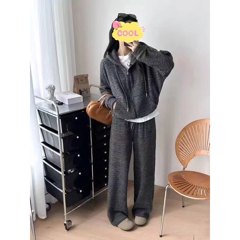大码韩系条纹拉链连帽外套纯色上衣条纹阔腿裤套装9758#