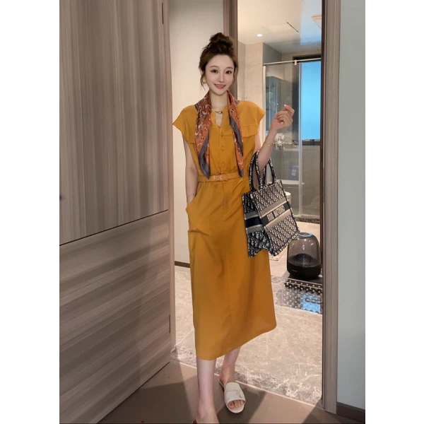 九亿2夏季天丝亚麻减龄气质收腰显瘦长裙女连衣裙送腰带送丝巾