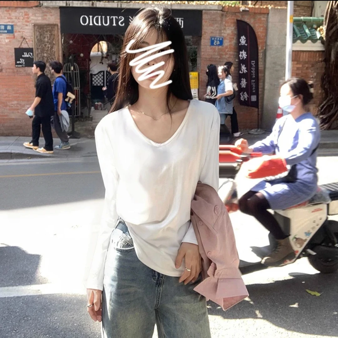 秋季简约纯色白色大v领宽松慵懒感冰感弹力长袖t恤女宽松体恤上衣