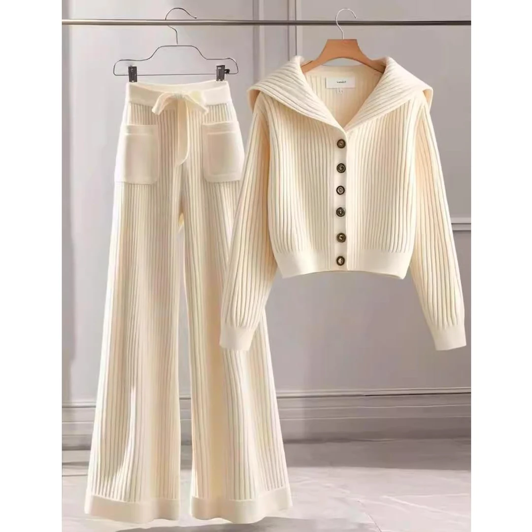 2025早秋气质女装大气软糯百搭针织上衣休闲慵懒显瘦直筒裤两件套