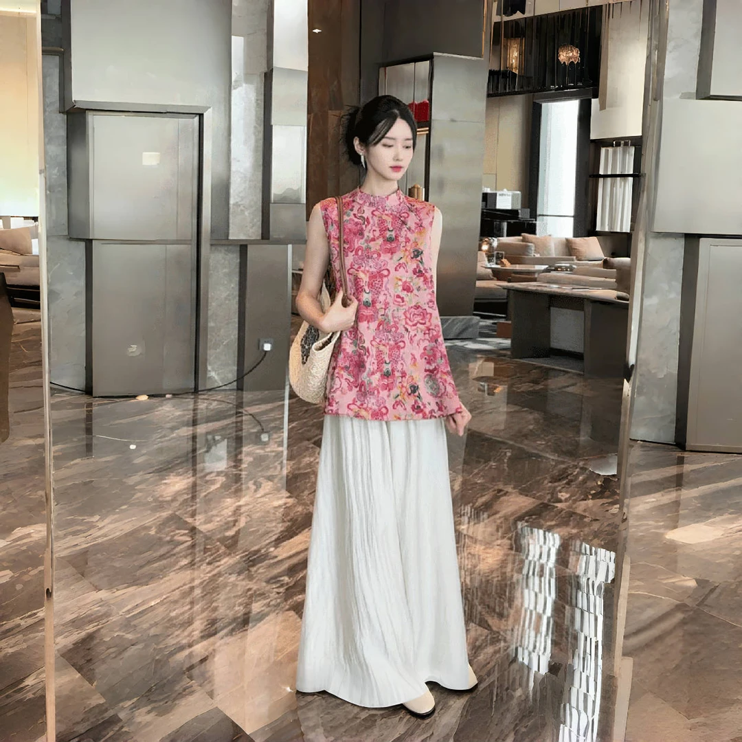 新中式国风提花无袖中长款上衣+阔腿裤2025夏季爆款清凉感两件套