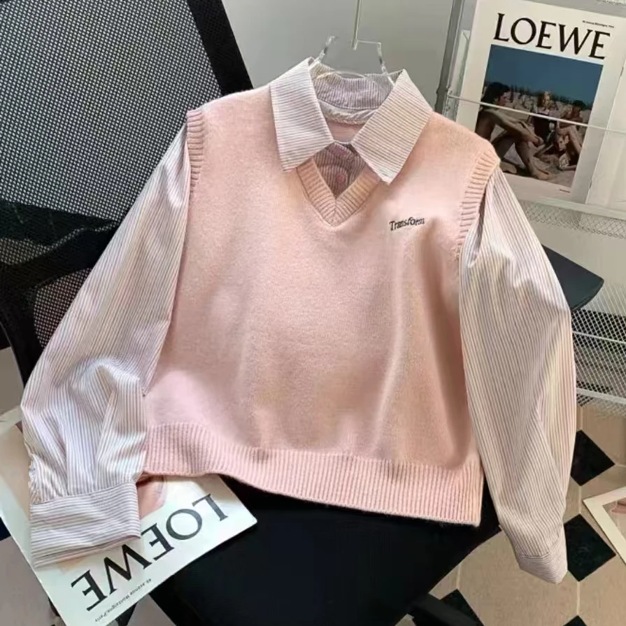 2025年春新款女装时尚针织毛衣条纹衬衫两件套高级感穿搭漂亮上衣