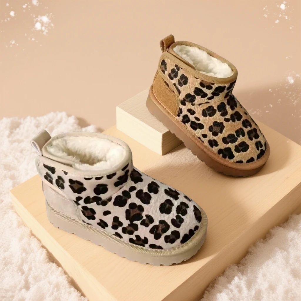 【双12豹纹】5857豹纹加绒加厚2025冬季儿童毛毛鞋短靴保暖雪地靴