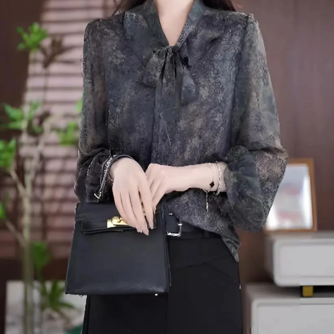 H8819高端时尚长袖碎花雪纺衬衫女2025春季新款显瘦气质衬衣女